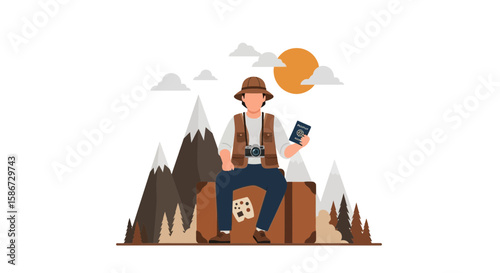 Adventure Awaits Traveler Resting on Suitcase Amidst Mountains and Sunny Skies