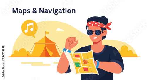Adventure Seeker Navigating Festival Grounds Using a Map and a Digital Watch