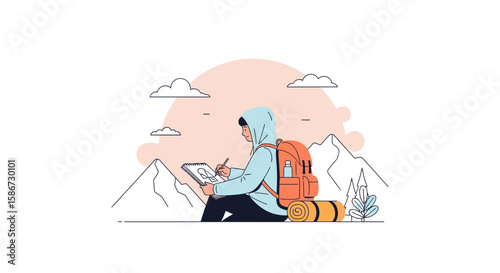 Adventurer Capturing Mountain Views Through Artistic Sketching In Nature's Solitude