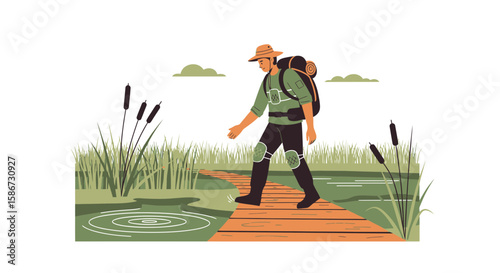 Adventurer Exploring Marshland On Wooden Path During Outdoor Recreational Activity