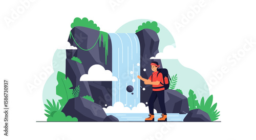 Adventurer Exploring Nature Beside Waterfall With Backpack Enjoying Serene Environment