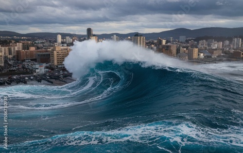 A high-angle shot of a massive tsunami sea wave crashing into a city