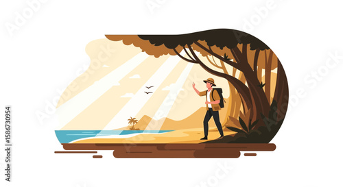 Adventurer Exploring Scenic Tropical Coastline Path Under Morning Sun Rays
