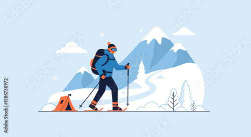 Adventurer Exploring Snowy Landscape With Mountains Vector Illustration