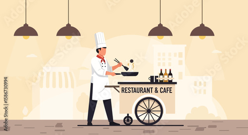 Chef Cooking Food At Restaurant Cart With Bottle Beverages In Minimal City Background
