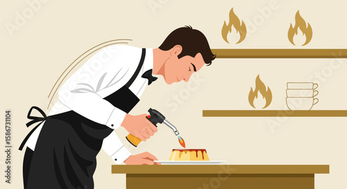 Chef Creating a Dessert with a Torch in a Culinary Establishment Setting