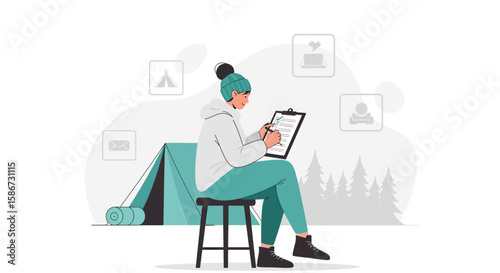 Adventurer Girl Planning Trip In Wilderness With Checklist And Social Media Icons