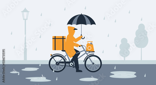 Bicycle Courier Delivering Food In The Rain With Umbrella Vector Illustration