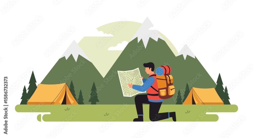 Adventurer Plots His Course Amidst Majestic Mountainscape Vector Illustration Adventurer Plots His Course Amidst Majestic Mountainscape Vector Illustration