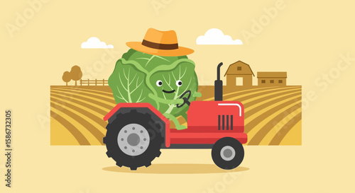 Happy Cabbage Farmer Driving Tractor On Farm In A Farmhouse Illustration