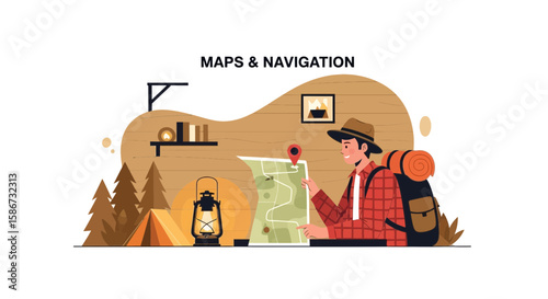 Adventurer Planning Trip In Cabin With Vintage Lantern And Detailed Map