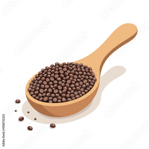 Vector illustration of chia seeds in spoon on white background, food
