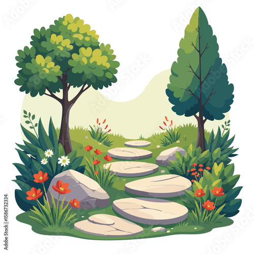 Vector illustration of garden path stones on white background, landscape