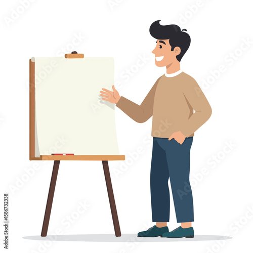 Vector illustration of man presenting board confident explaining on white background
