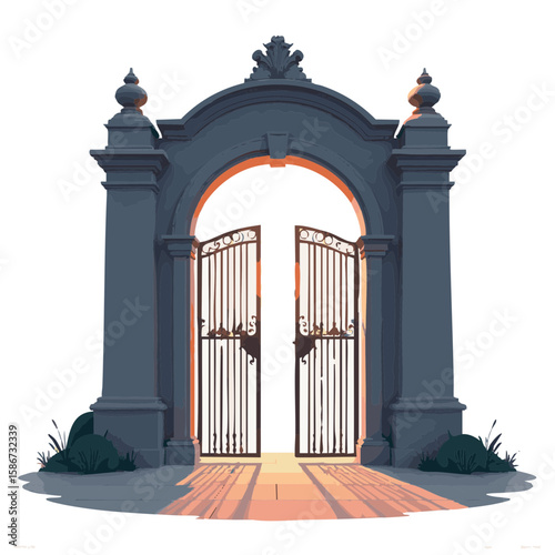 Vector illustration of gate with arch and light modern on white background, entrance design