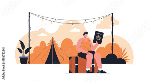 Adventurer Planning Vacation Sitting On Suitcase In Front Of Tent At Campsite