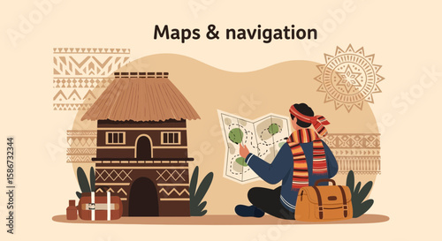 Adventurer Planning Trip Near Traditional House On Holiday Location Using Map