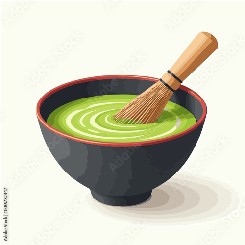Vector illustration of matcha bowl with whisk traditional on white background, tea ceremony