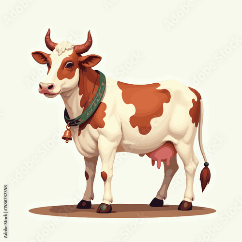 Vector illustration of sacred cow with bell peaceful grazing on white background