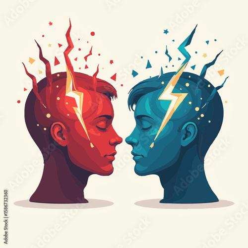 Vector illustration of two heads with lightning creative idea on white background