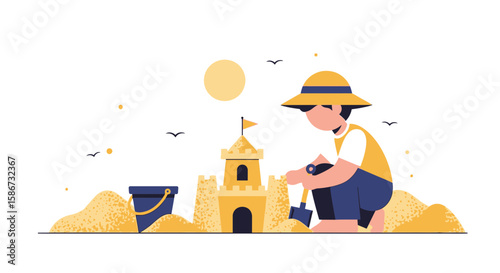 Boy Building Sandcastle At The Beach Enjoying Summer Holiday Vacation