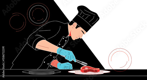 Chef Prepares Gourmet Steak Dinner In A Culinary Fusion Design Illustration