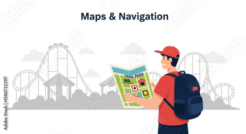 Exploring Park Attractions Young Man Navigating Amusment Park Using a Colorful Map