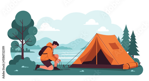 Adventurer Prepares Campsite Near Lake For Recreational Holiday Illustration