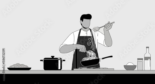 Chef Prepares Spaghetti In Modern Kitchen Using Traditional Cooking Techniques