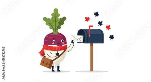 Cute Turnip Character Mailing Letter In Autumnal Setting For Seasonal Greetings