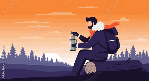 Adventurer Relaxing With Hot Drink On A Log At Sunset In Winter Forest