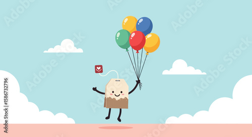Cute Teabag Character Floating With Balloons On A Sky Background Vector Illustration