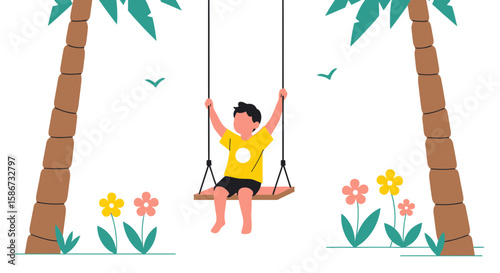 Boy Enjoying Summer Day On The Swing Under Palm Trees Illustration