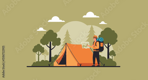 Adventurer Setting Up Camp: Navigating Nature with Tent in the Forest