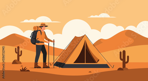 Adventurer Setting Up Camp In Scenic Desert Landscape With Tents And Cactuses