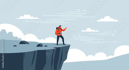 Adventurer Standing Proudly At The Edge Of A Cliff Scenic Outdoor Vector Illustration