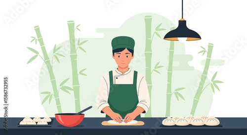 Chef Preparing Asian Dumplings With Bamboo Backdrop In A Traditional Kitchen