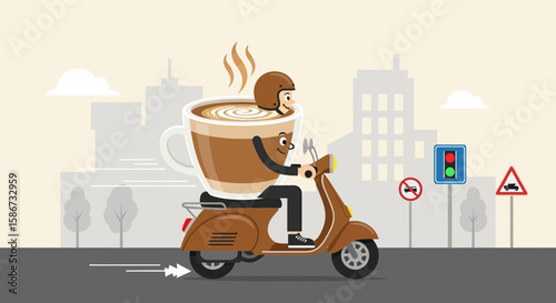 Express Delivery Service: Coffee Cup Character Riding Scooter In The City
