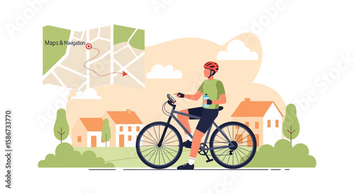 Cyclist Using Navigation Application Riding Through Neighborhood Streets Illustration