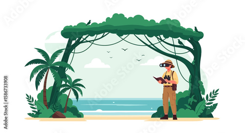 Adventurous Biologist Exploring Tropical Jungle Near Ocean Shores With Binoculars