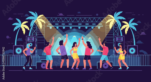 Exuberant Crowd Enjoying Summer Night Music Festival With Vivid Stage Lights