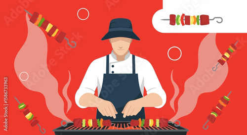 Chef Preparing Delicious Shish Kabobs Barbecue Grill At Outdoor Barbeque Illustration