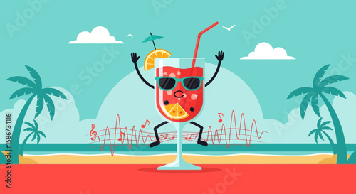 Dancing Cocktail Glass Character Enjoying The Beach Party Vibes Summer Holiday
