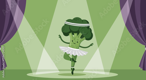 Broccoli Ballerina Performs On Stage Under Spotlights With Purple Curtains