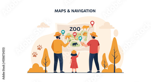 Family Discovering Animals At The Zoo Map While Planning Holiday Trip Together
