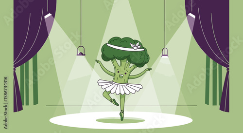 Broccoli Ballerina Performs Gracefully On Stage Under The Spotlights In A Theater