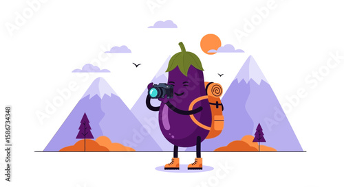 Adventurous Eggplant Hiker Taking Pictures In A Mountain Landscape Flat Vector