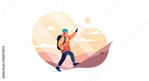 Adventurous Explorer Climbing Mountain Against Scenic Backdrop Vector Illustration
