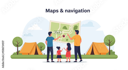 Family Planning Vacation Destination Using A Map While Camping Adventure