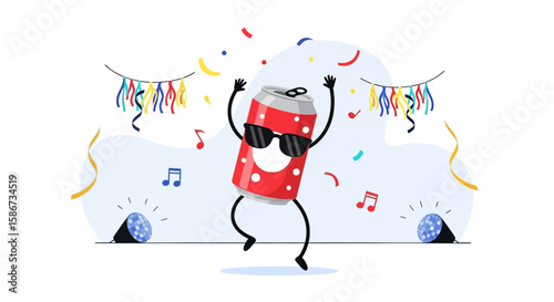 Dancing Soda Can Mascot Enjoying Party In Festive Scene With Colorful Decorations